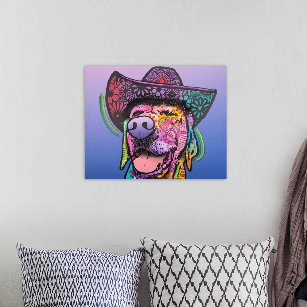 A bohemian room featuring Playful painting of a dog wearing a floral designed cowboy hat on a purple and blue background.