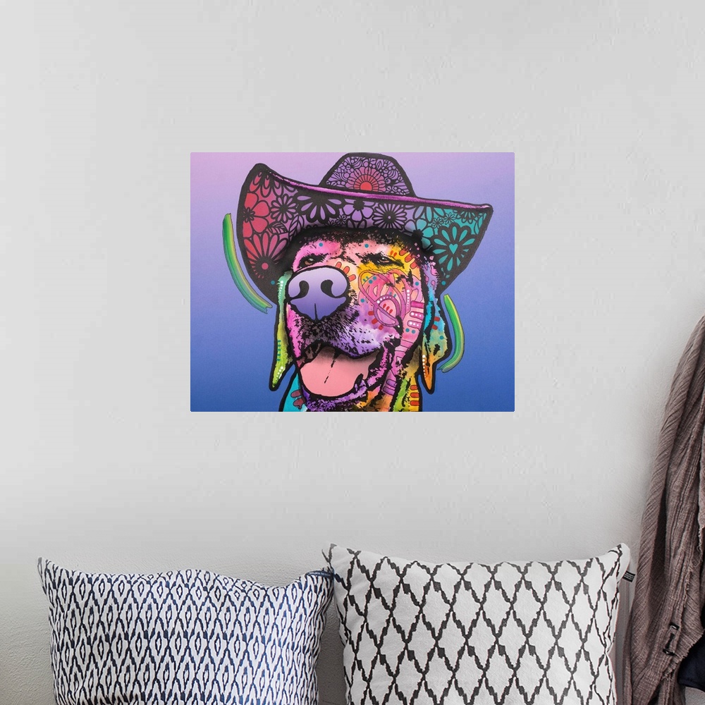 A bohemian room featuring Playful painting of a dog wearing a floral designed cowboy hat on a purple and blue background.