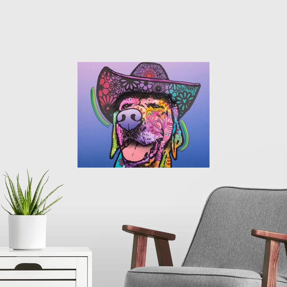A modern room featuring Playful painting of a dog wearing a floral designed cowboy hat on a purple and blue background.