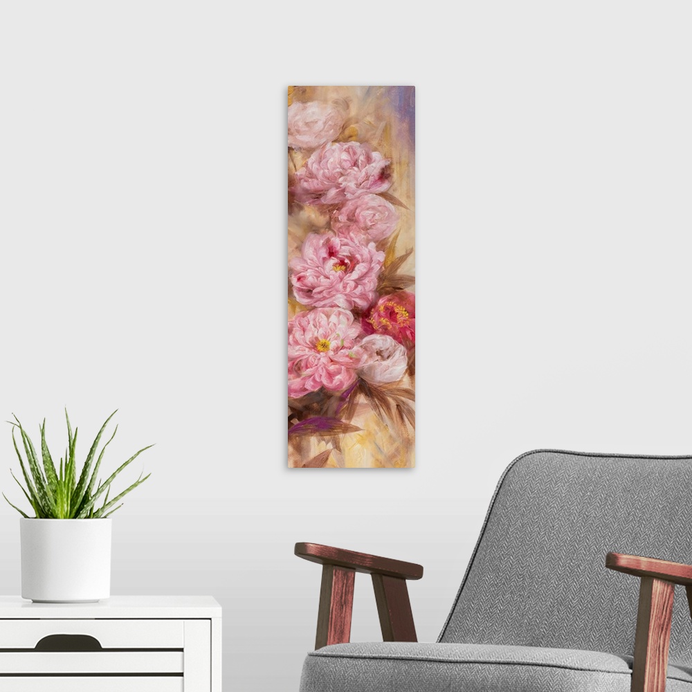 A modern room featuring Contemporary painting of a group of peonies.