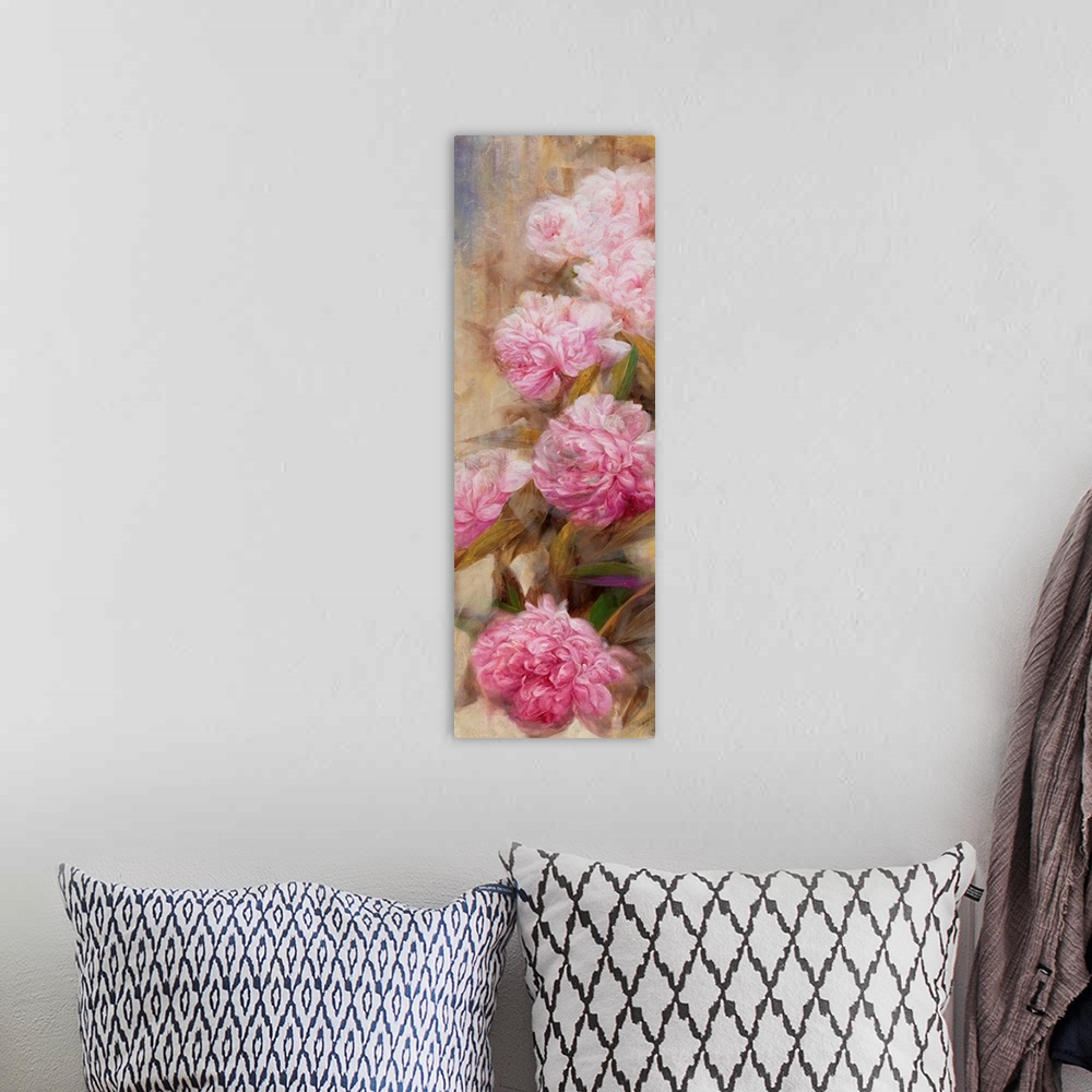 A bohemian room featuring Contemporary painting of a group of peonies.
