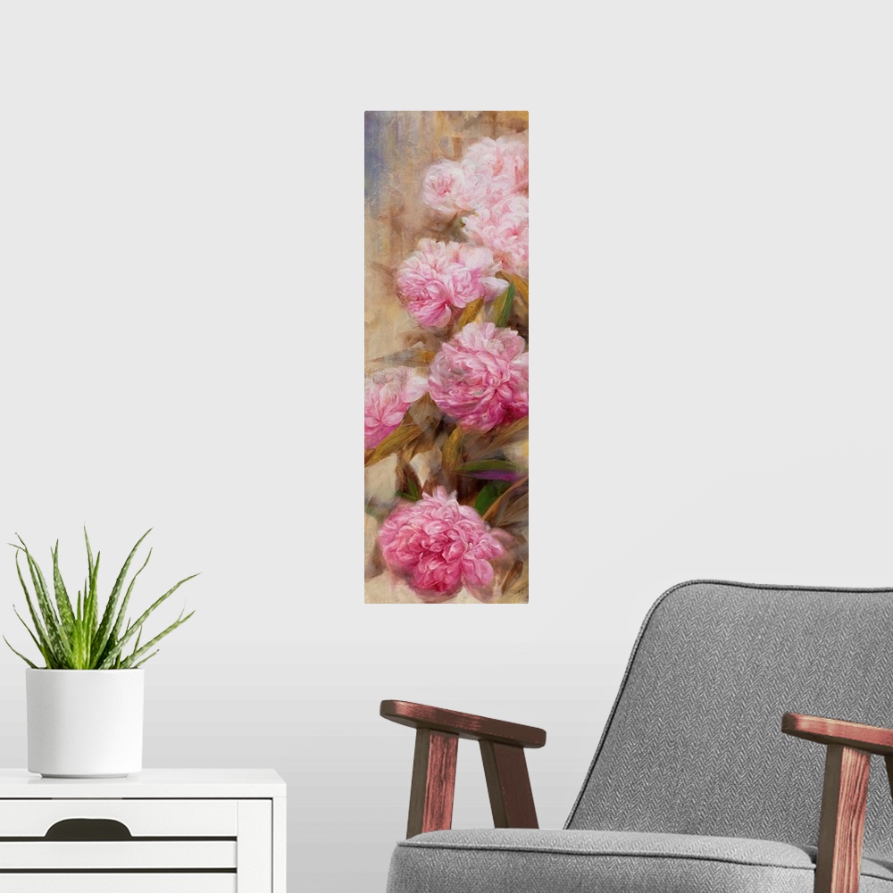 A modern room featuring Contemporary painting of a group of peonies.