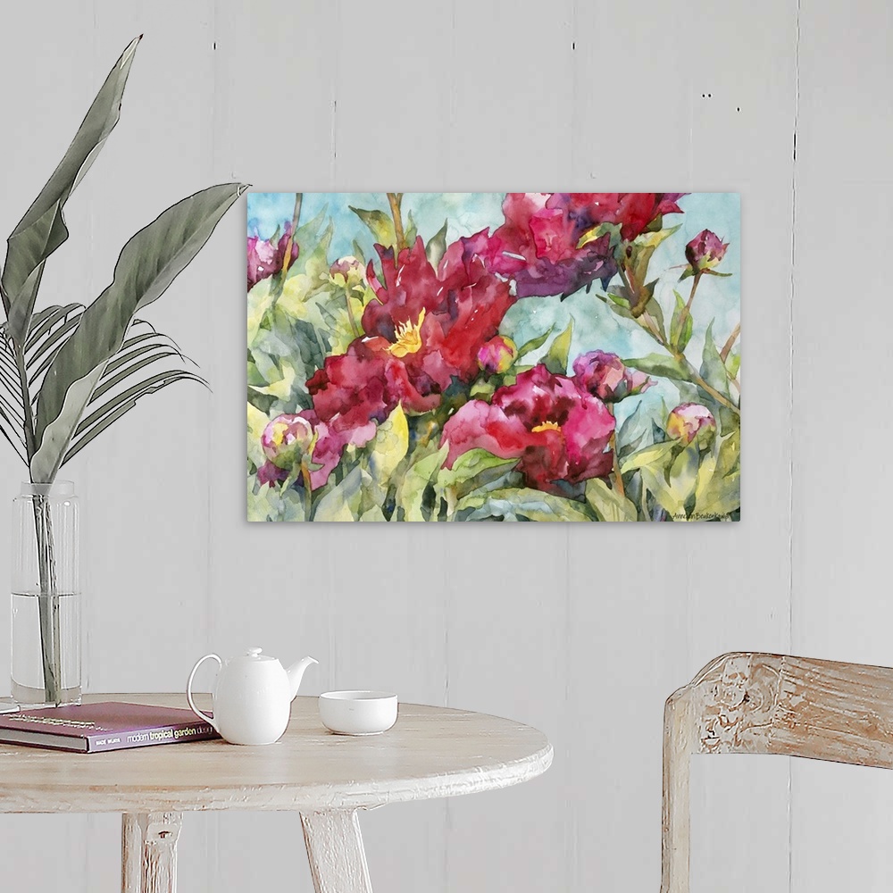 A farmhouse room featuring Contemporary watercolor painting of flowers.