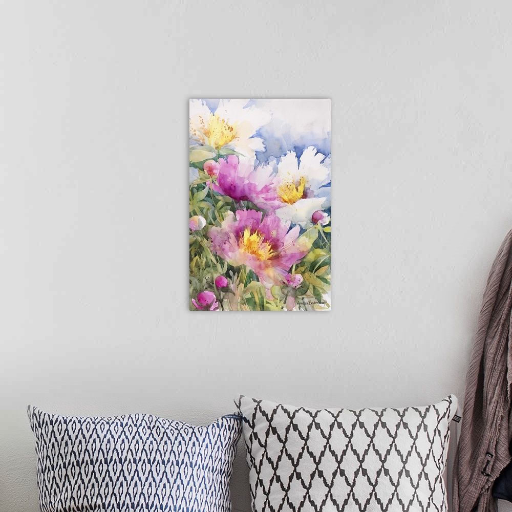 A bohemian room featuring Contemporary watercolor painting of a flower still-life.