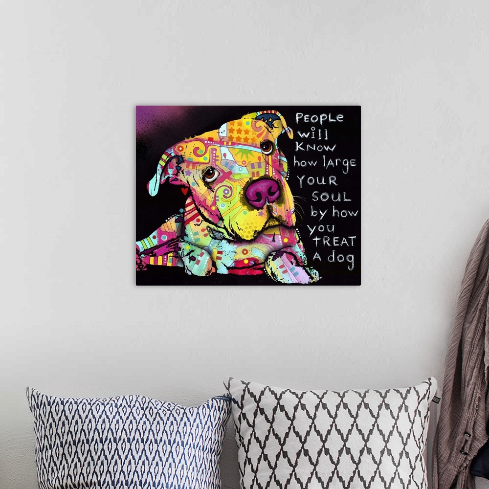 A bohemian room featuring Pop art style digital art of a dog with colorful colors and shapes and a quote about love and our...