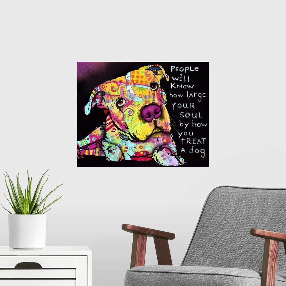 A modern room featuring Pop art style digital art of a dog with colorful colors and shapes and a quote about love and our...