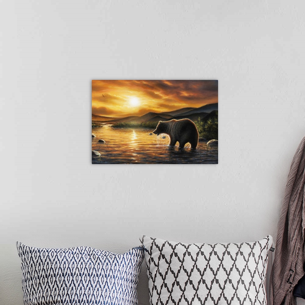 A bohemian room featuring A contemporary idyllic painting of a bear trying to catch fish in a river.