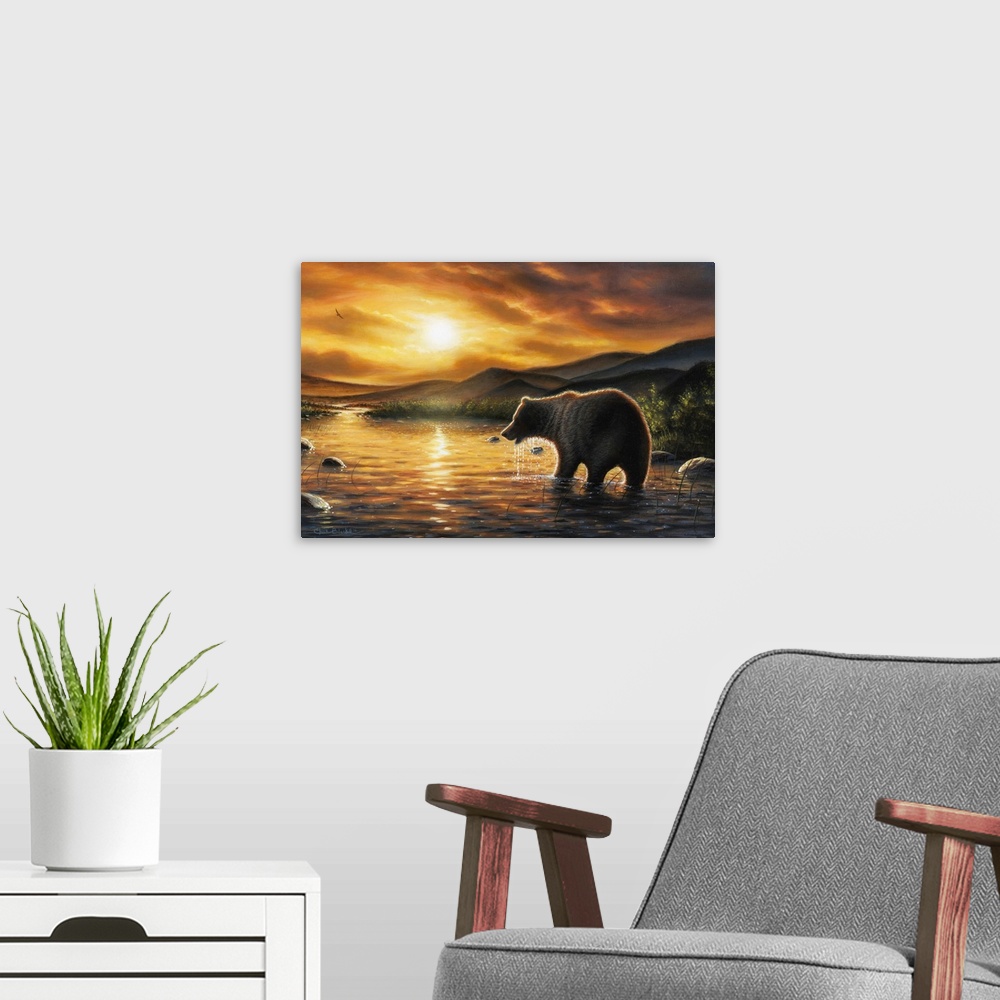 A modern room featuring A contemporary idyllic painting of a bear trying to catch fish in a river.