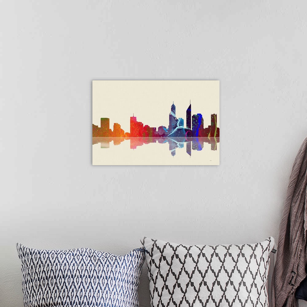 A bohemian room featuring Contemporary colorful city skyline casting mirror-like reflection.