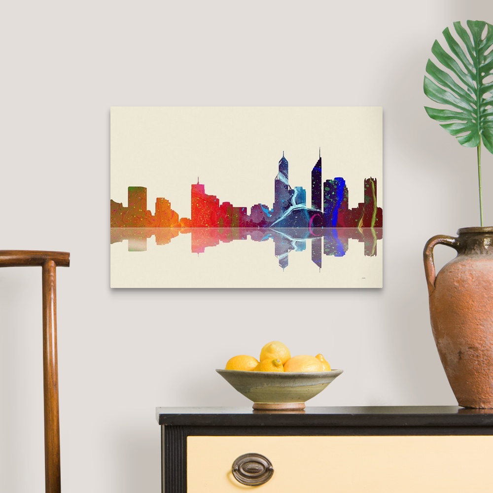 A traditional room featuring Contemporary colorful city skyline casting mirror-like reflection.