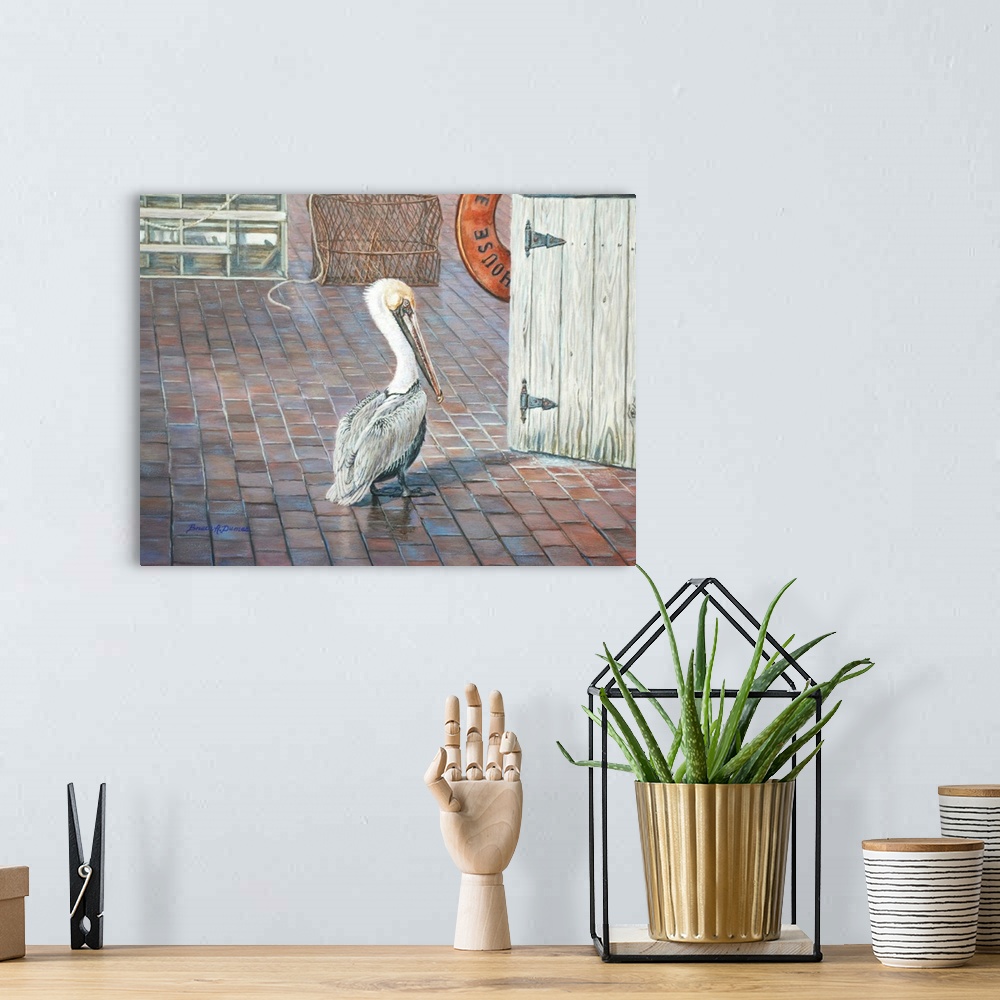 A bohemian room featuring Contemporary painting of a pelican wandering on a dock, investigating a wooden door.