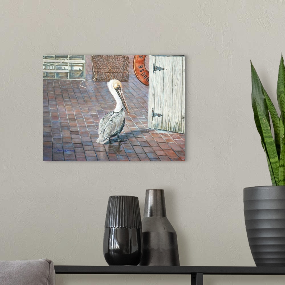 A modern room featuring Contemporary painting of a pelican wandering on a dock, investigating a wooden door.