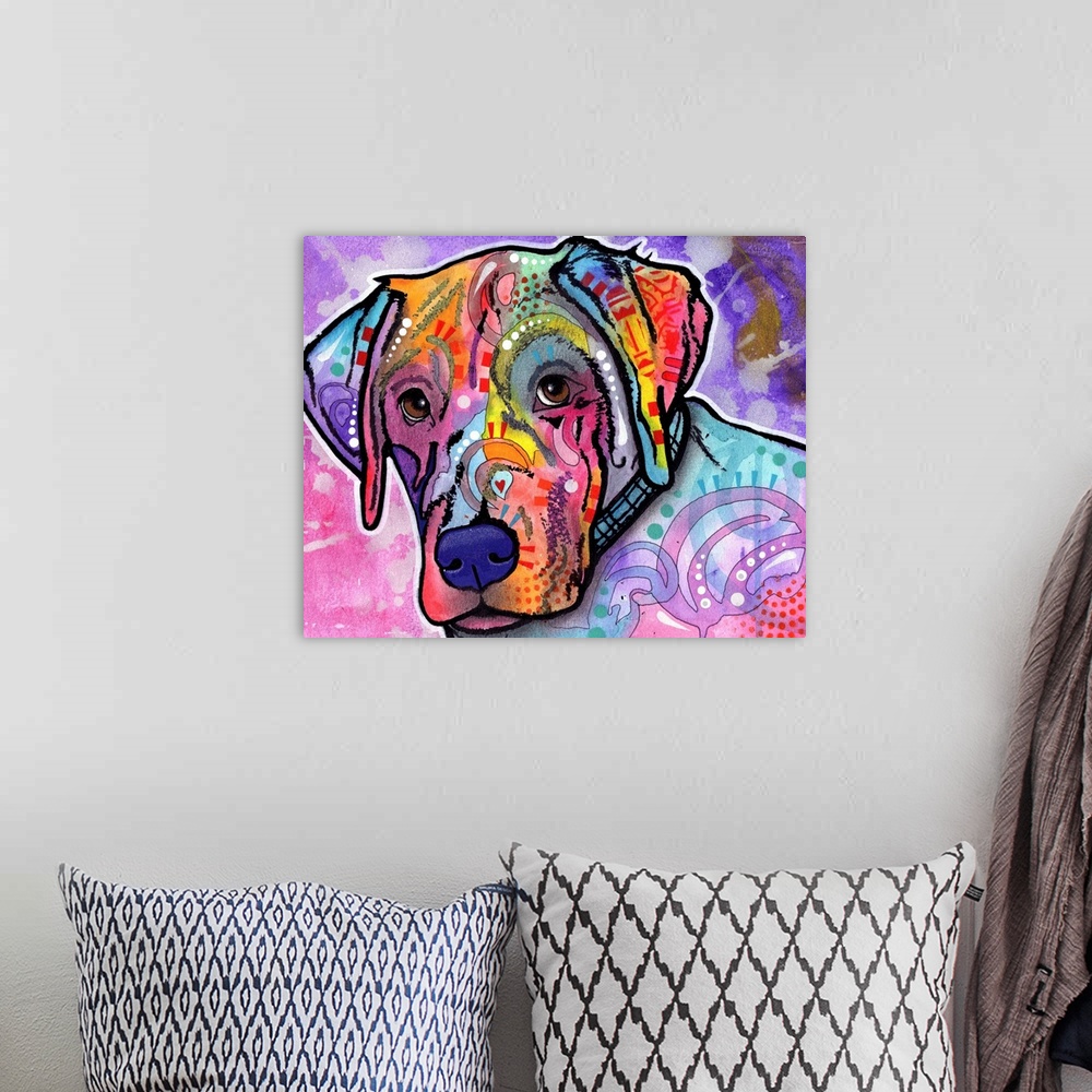 A bohemian room featuring Colorful painting of a dog with abstract markings on a pink and purple background with gray paint...