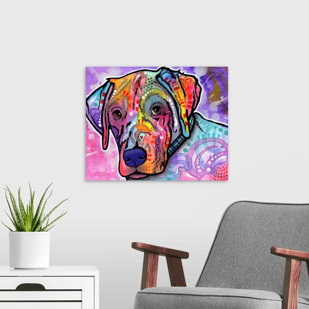 A modern room featuring Colorful painting of a dog with abstract markings on a pink and purple background with gray paint...