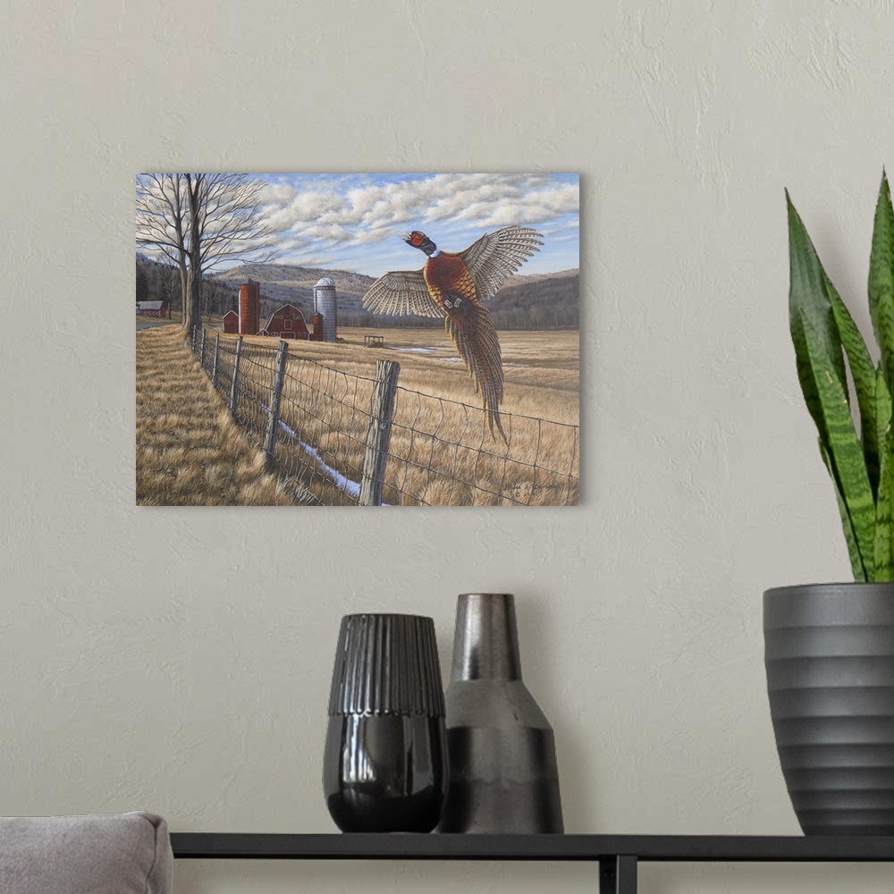 A modern room featuring Contemporary painting of a pheasant flying over farm fence with field and barn in the background