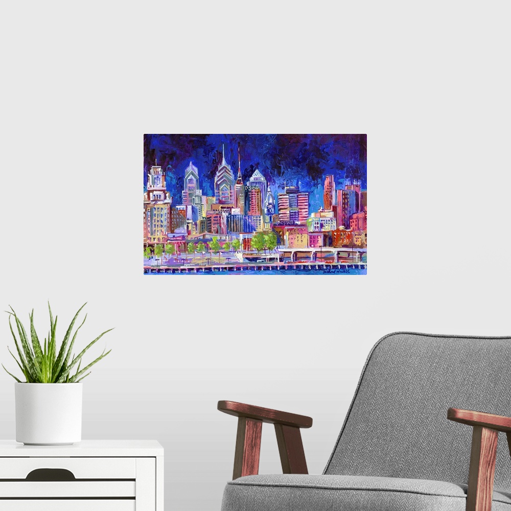 A modern room featuring Contemporary painting of the Philadelphia city skyline at night.