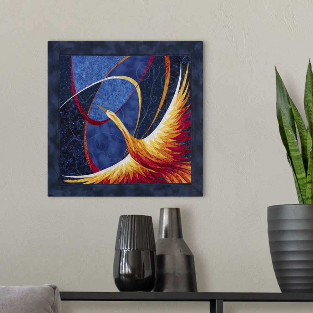 A modern room featuring Contemporary colorful fabric art of a phoenix.