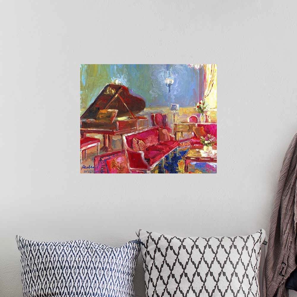 A bohemian room featuring Contemporary colorful painting of a fancy room interior with a piano.