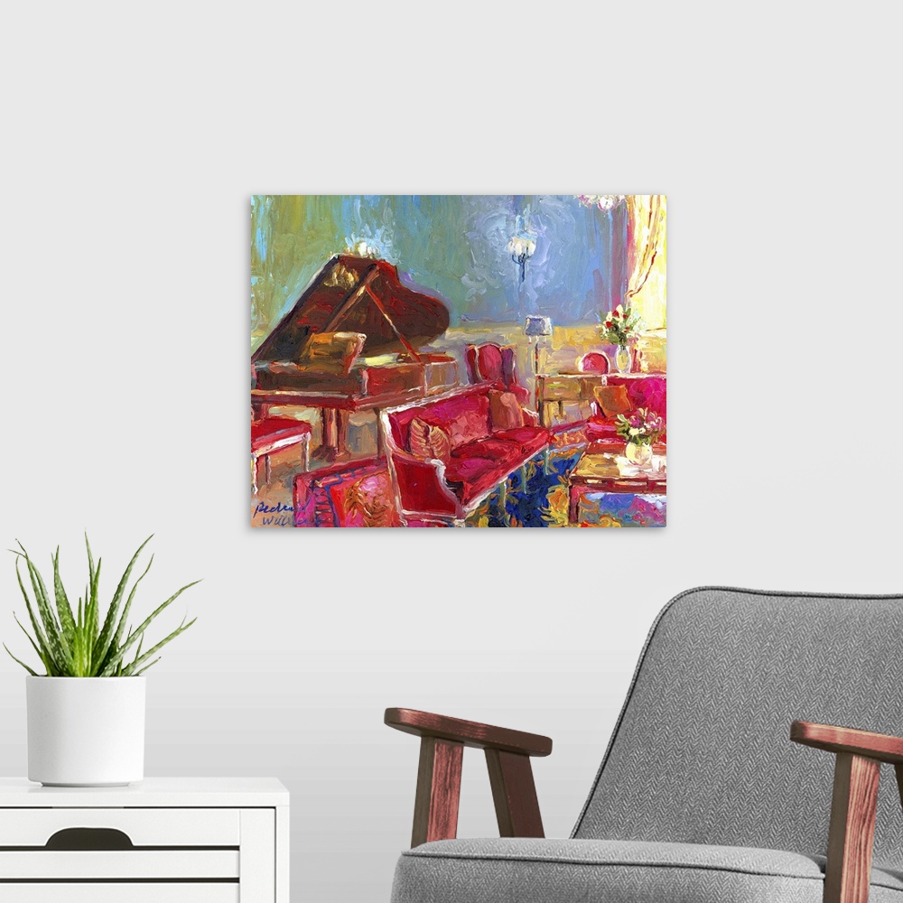 A modern room featuring Contemporary colorful painting of a fancy room interior with a piano.