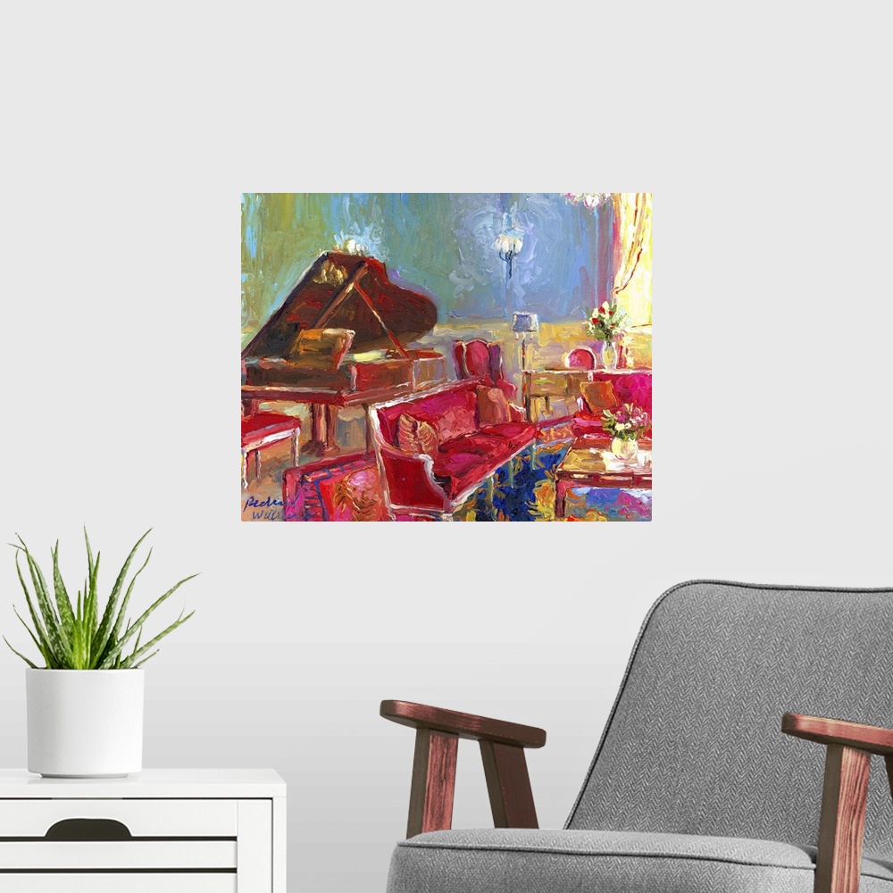 A modern room featuring Contemporary colorful painting of a fancy room interior with a piano.