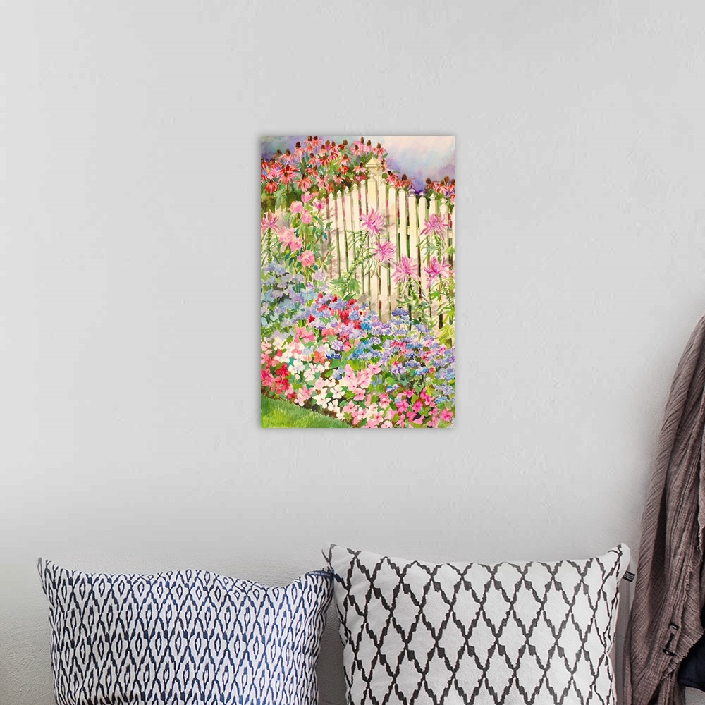 A bohemian room featuring Colorful contemporary painting of a white picket fence surrounded by flowers in bloom.