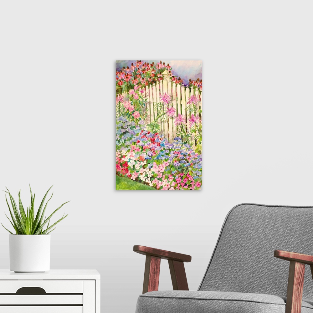 A modern room featuring Colorful contemporary painting of a white picket fence surrounded by flowers in bloom.