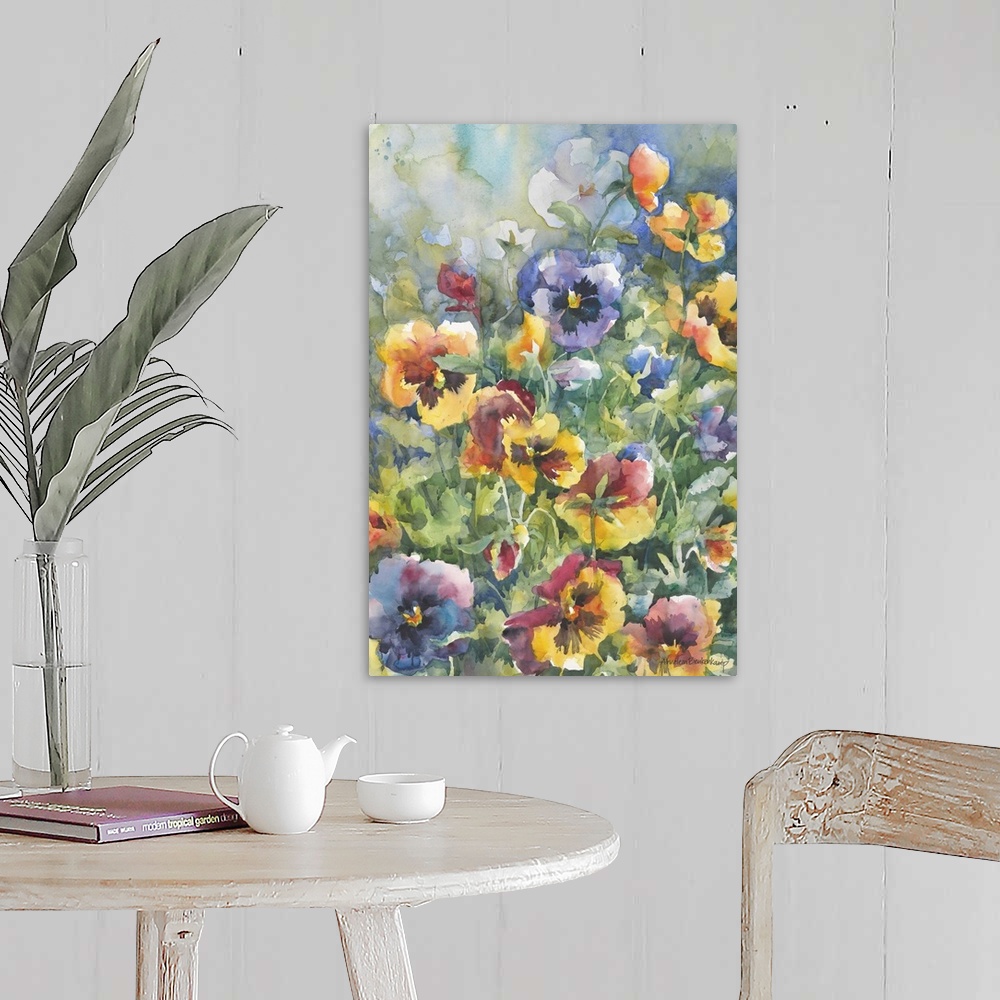 A farmhouse room featuring Contemporary watercolor painting of a flower still-life.
