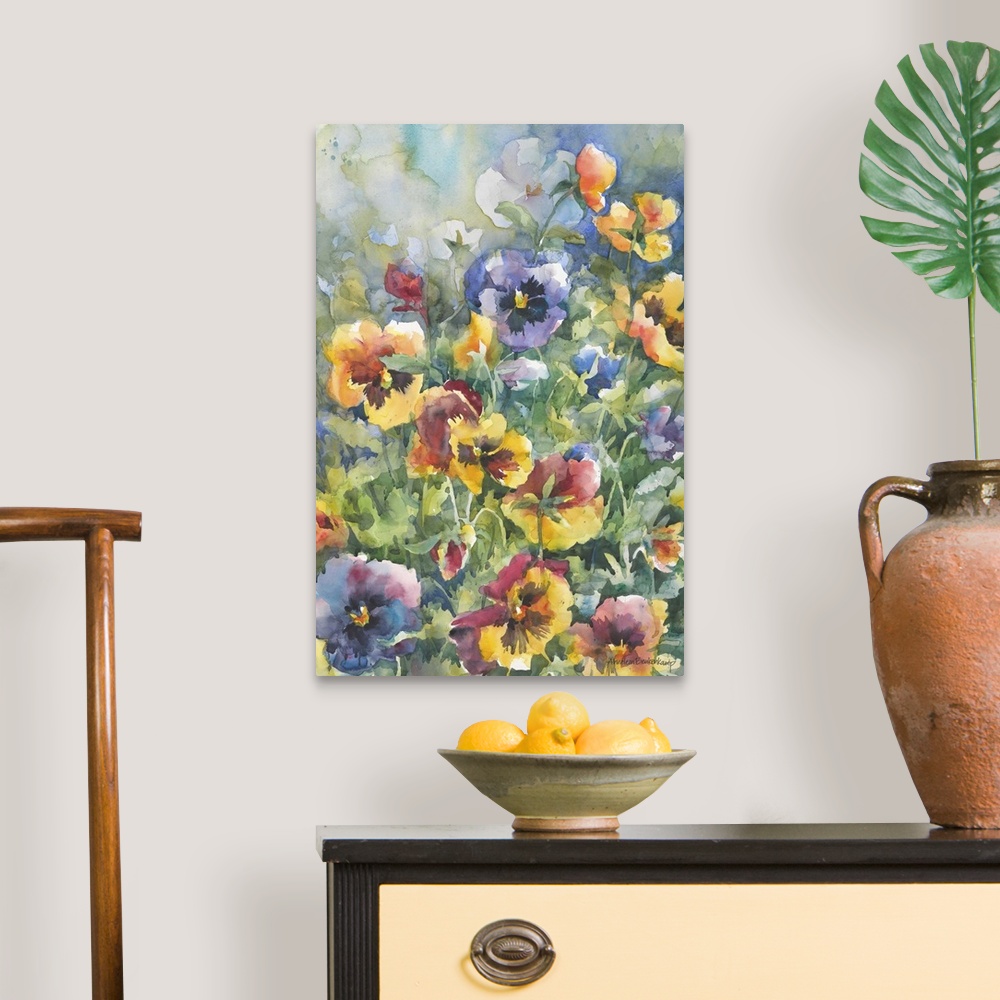 A traditional room featuring Contemporary watercolor painting of a flower still-life.