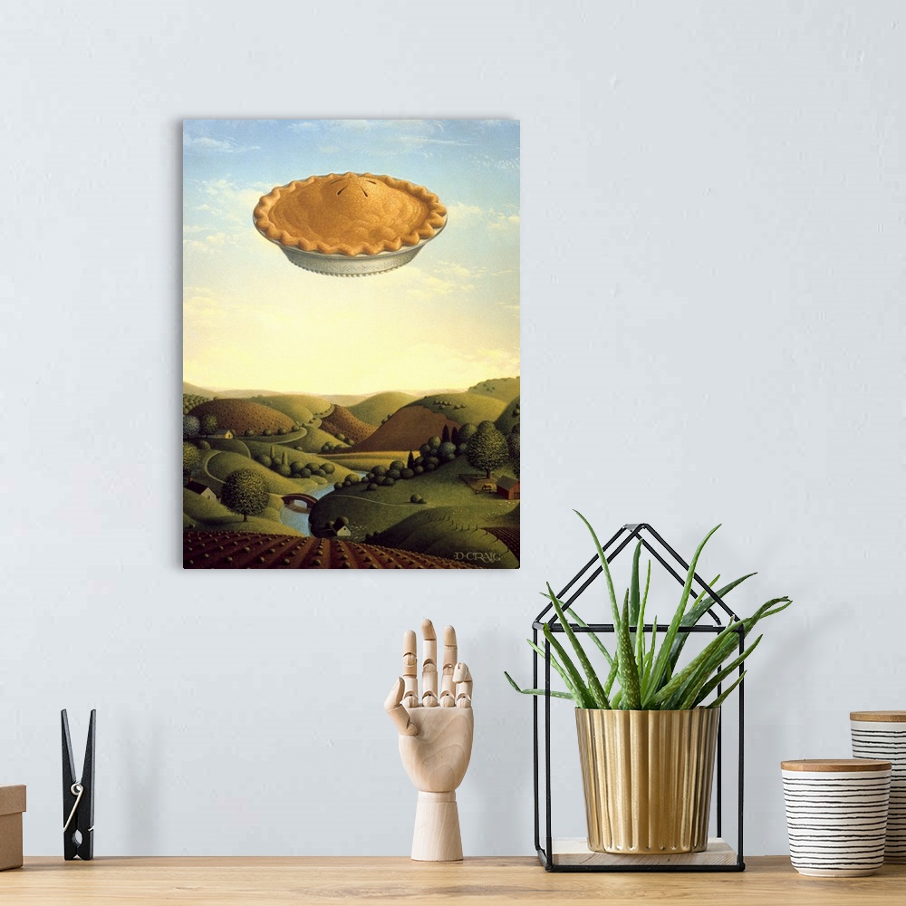 A bohemian room featuring A pie floats high in the sky over a valley.