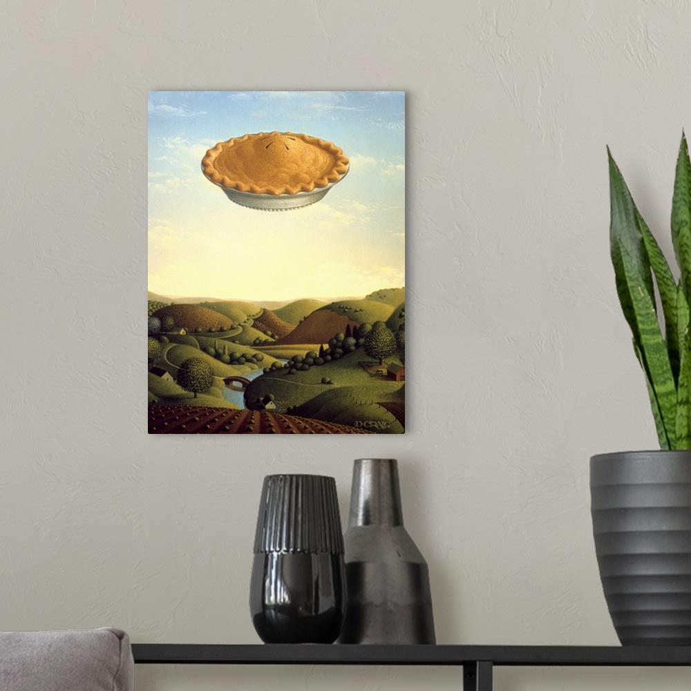 A modern room featuring A pie floats high in the sky over a valley.