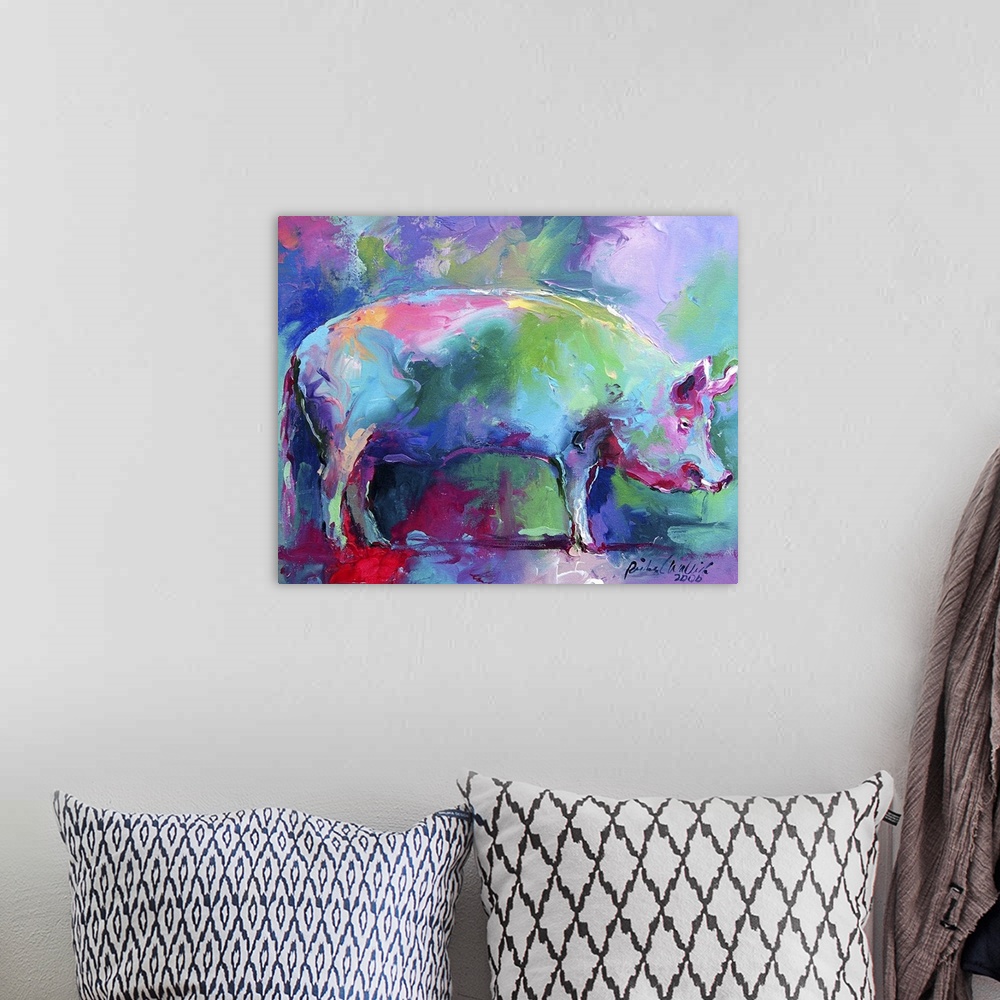 A bohemian room featuring Contemporary vibrant colorful painting of a pig