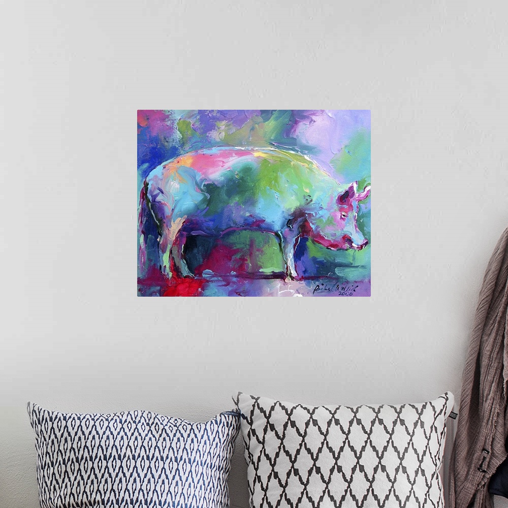 A bohemian room featuring Contemporary vibrant colorful painting of a pig