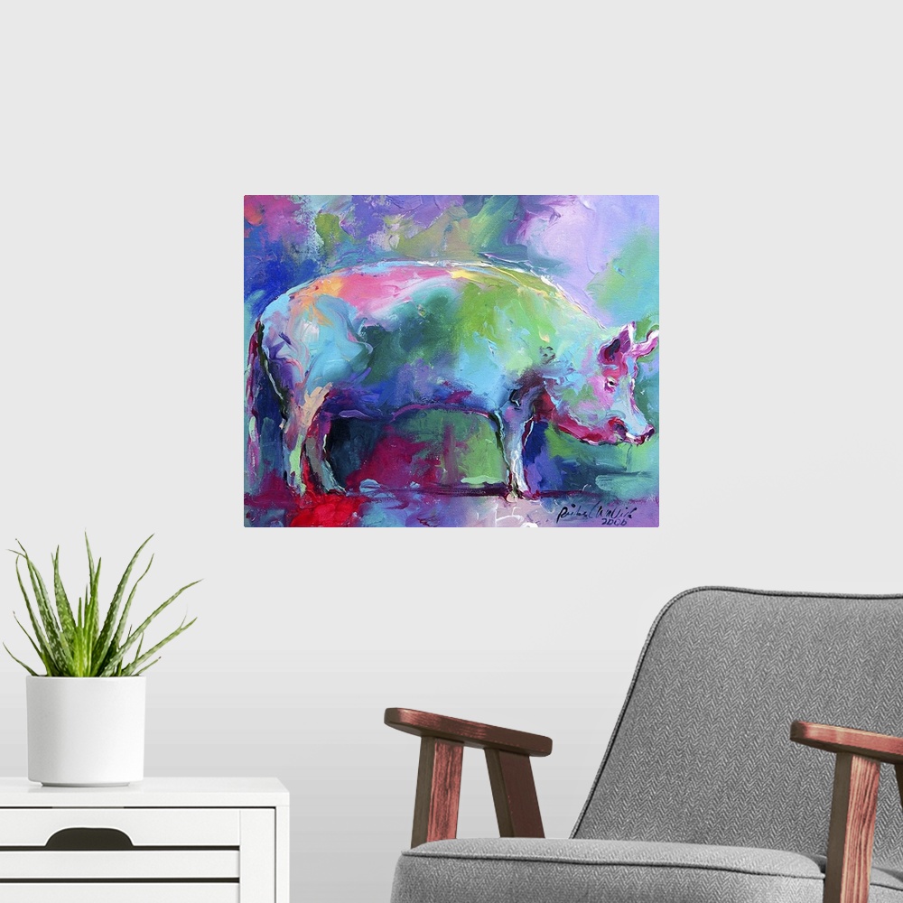 A modern room featuring Contemporary vibrant colorful painting of a pig