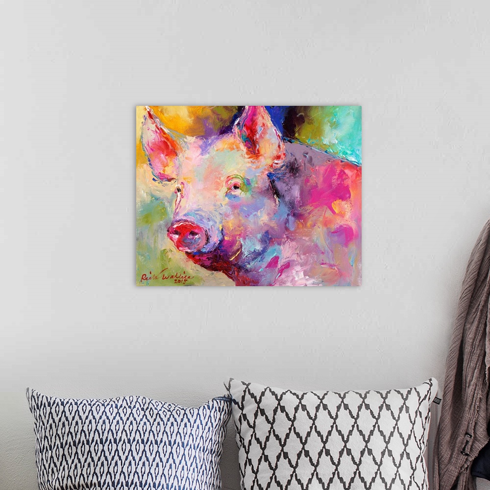 A bohemian room featuring Abstract portrait of a pig created with warm hues.