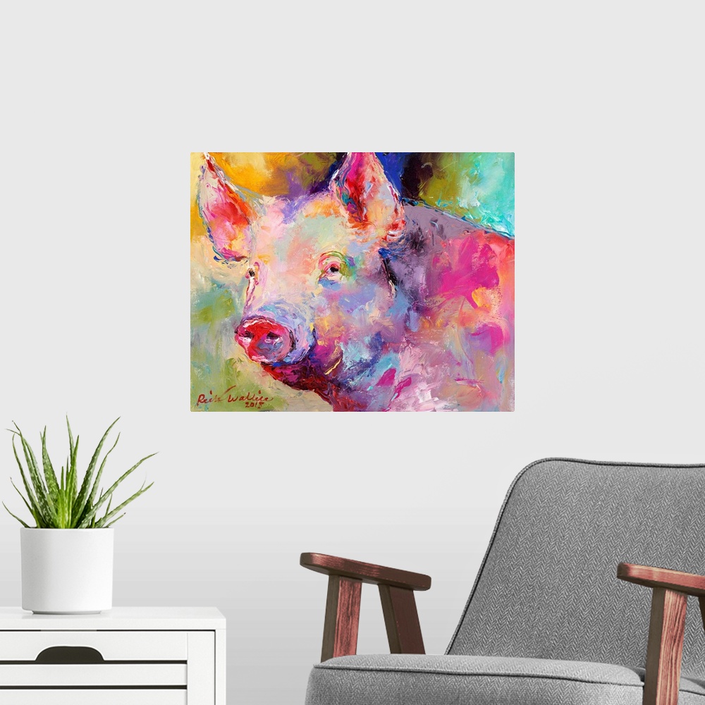 A modern room featuring Abstract portrait of a pig created with warm hues.