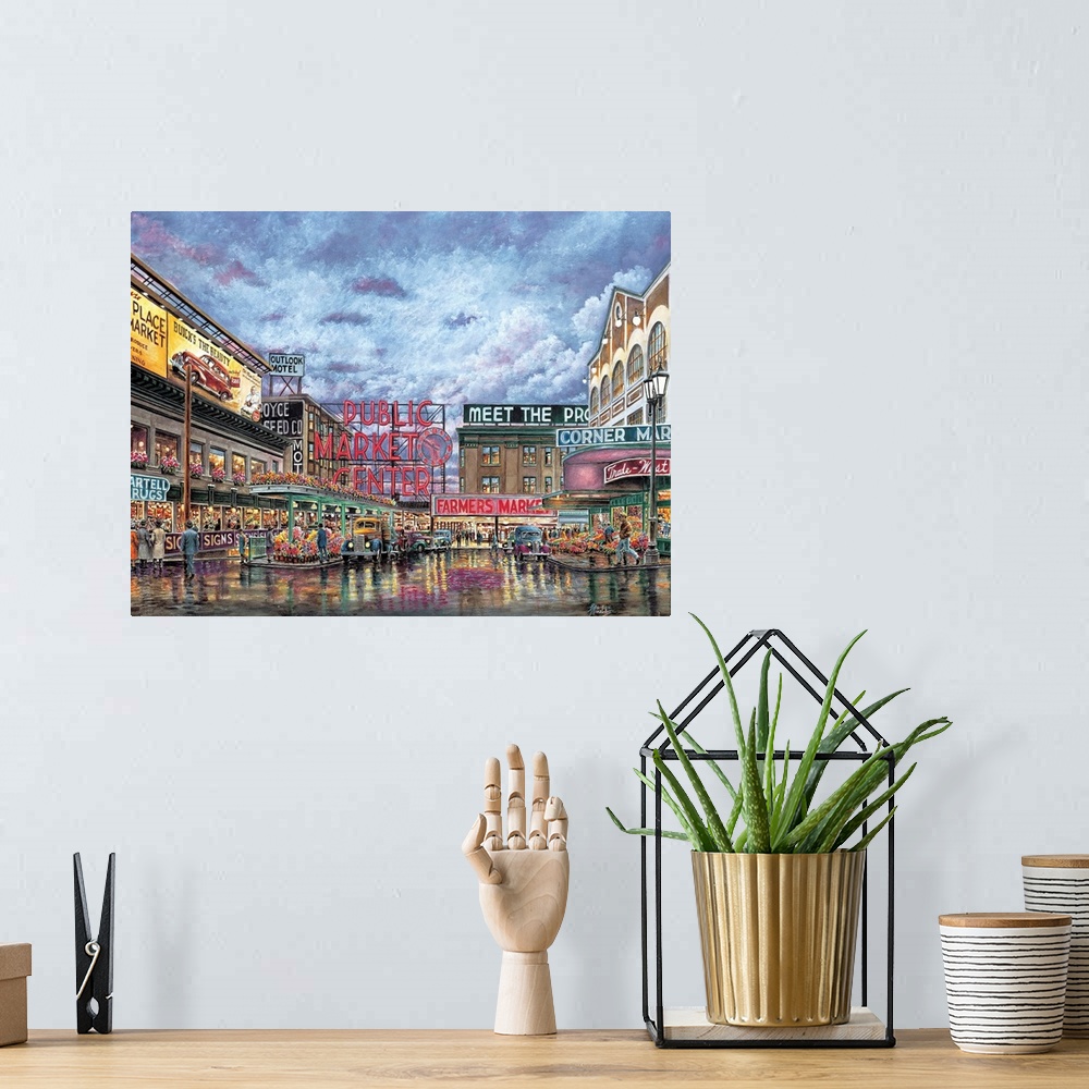 A bohemian room featuring Contemporary painting of a city market scene.