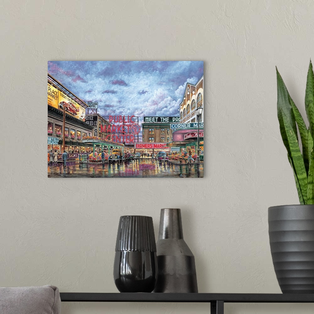 A modern room featuring Contemporary painting of a city market scene.