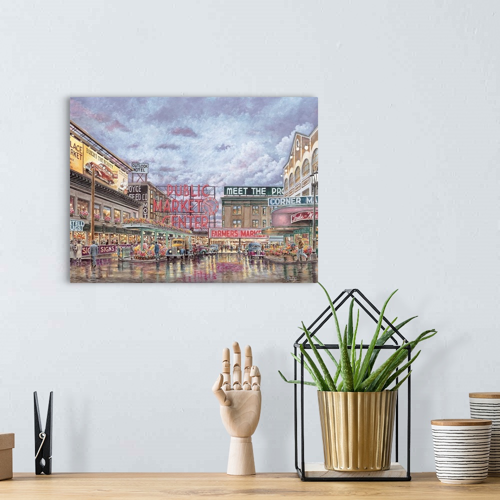 A bohemian room featuring Contemporary painting of a city market scene.