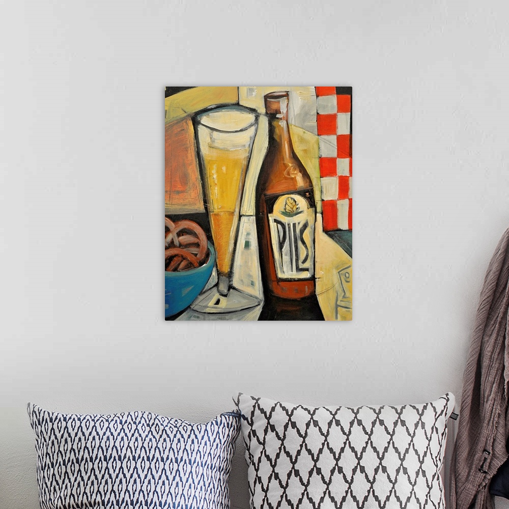 A bohemian room featuring Vertical, large wall painting of a bottle of pilsner sitting next to a tall glass of beer.  The i...