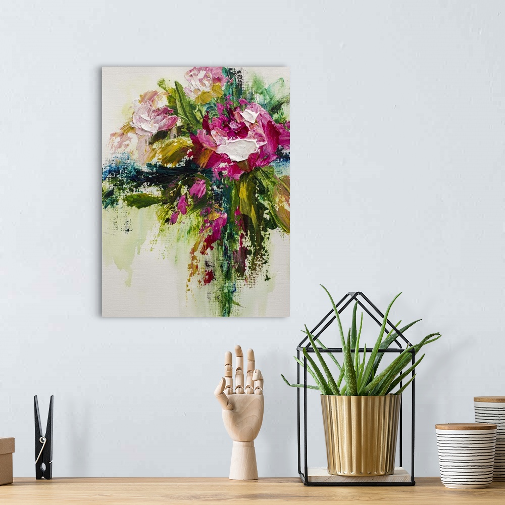 A bohemian room featuring Original abstract flower painting of pink and white roses by contemporary artist Melissa McKinnon...