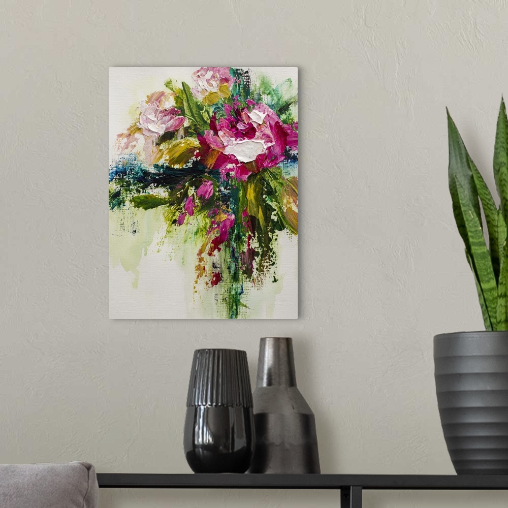 A modern room featuring Original abstract flower painting of pink and white roses by contemporary artist Melissa McKinnon...