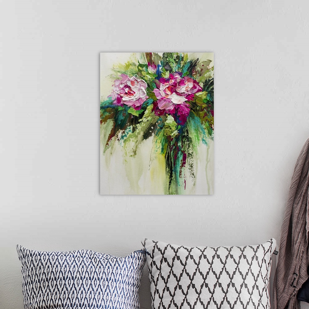 A bohemian room featuring Fine art abstract floral painting of pink roses by contemporary artist Melissa McKinnon affordabl...