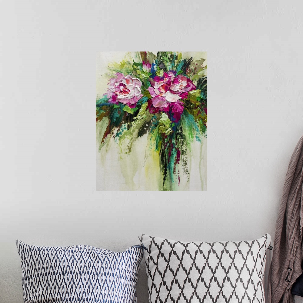 A bohemian room featuring Fine art abstract floral painting of pink roses by contemporary artist Melissa McKinnon affordabl...