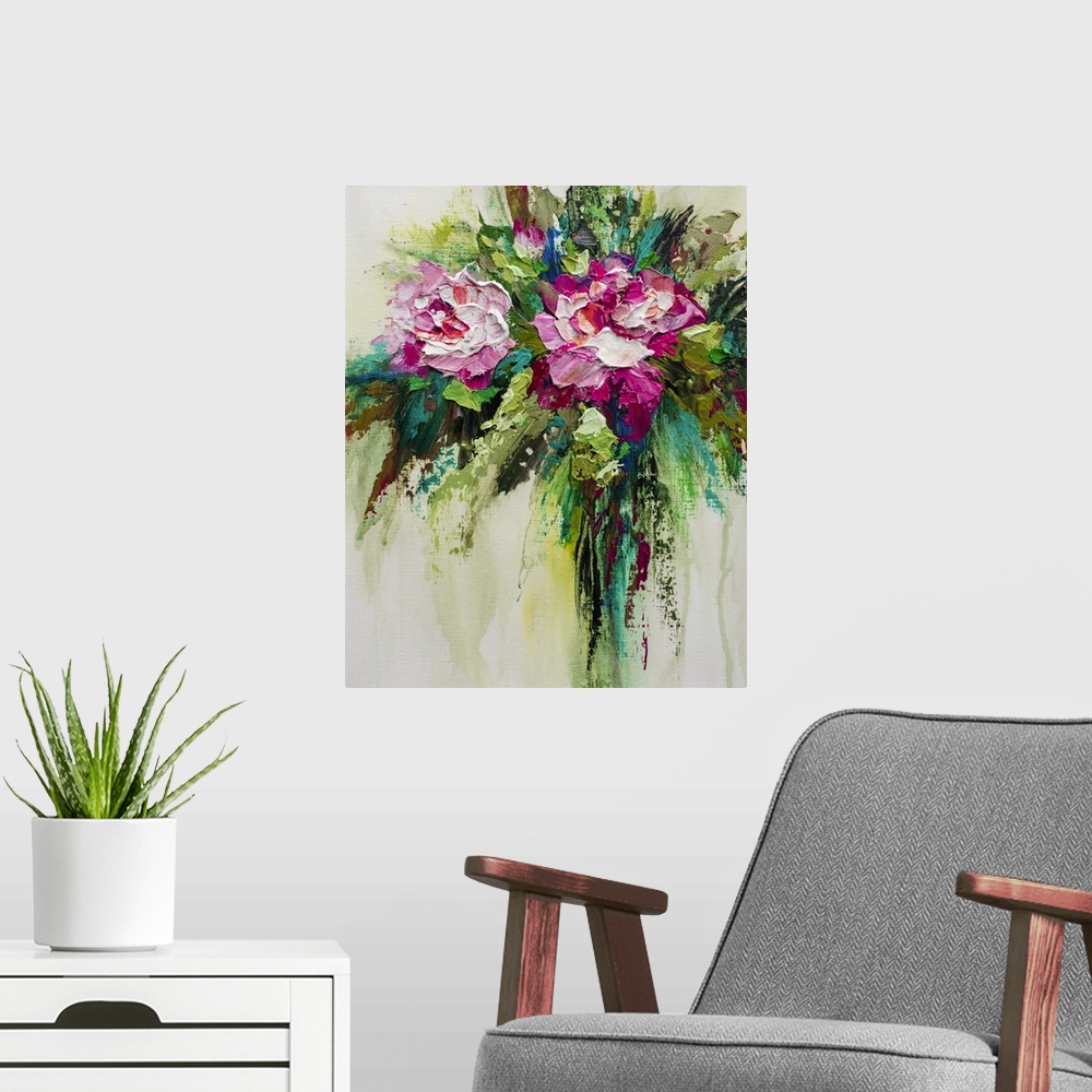 A modern room featuring Fine art abstract floral painting of pink roses by contemporary artist Melissa McKinnon affordabl...