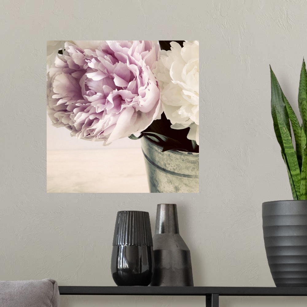 A modern room featuring Pink and White Peonies in a Vase