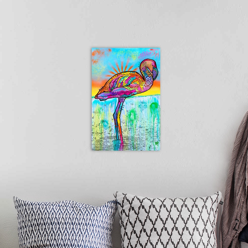 A bohemian room featuring Contemporary stencil painting of a flamingo filled with various colors and patterns.