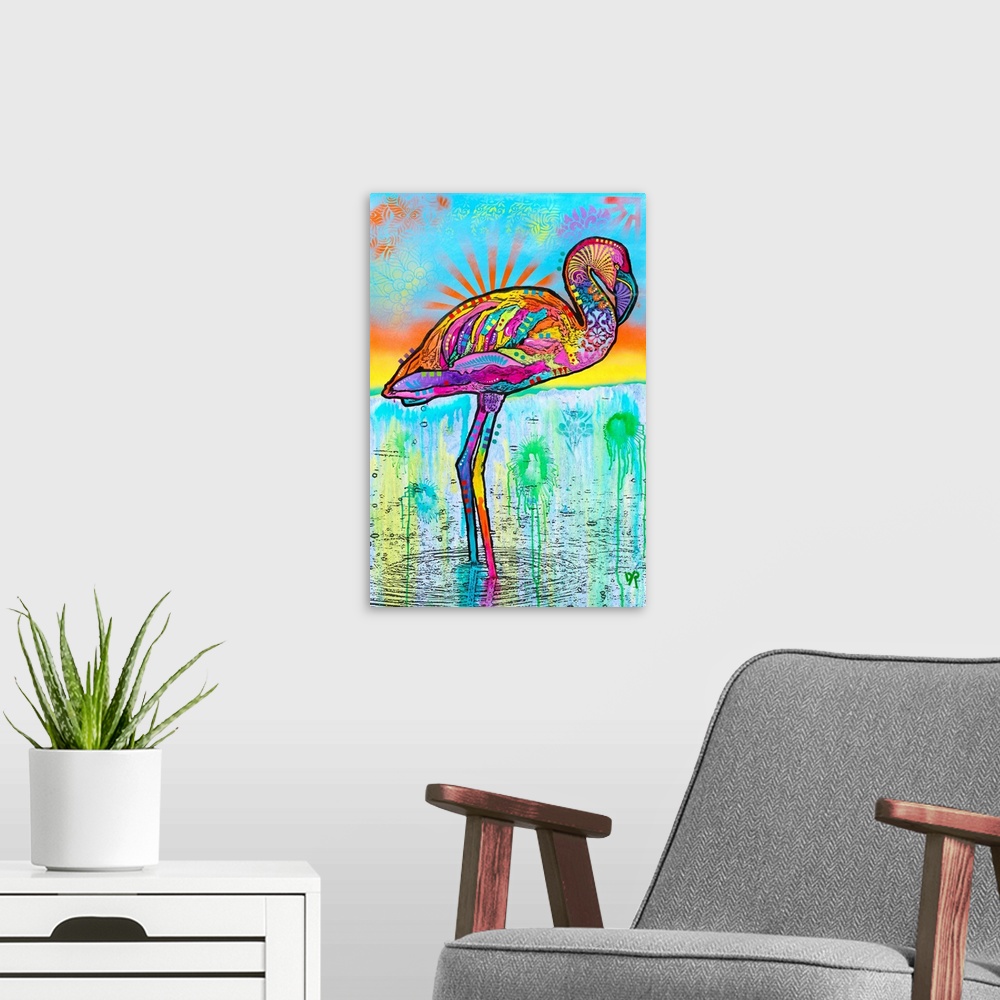 A modern room featuring Contemporary stencil painting of a flamingo filled with various colors and patterns.