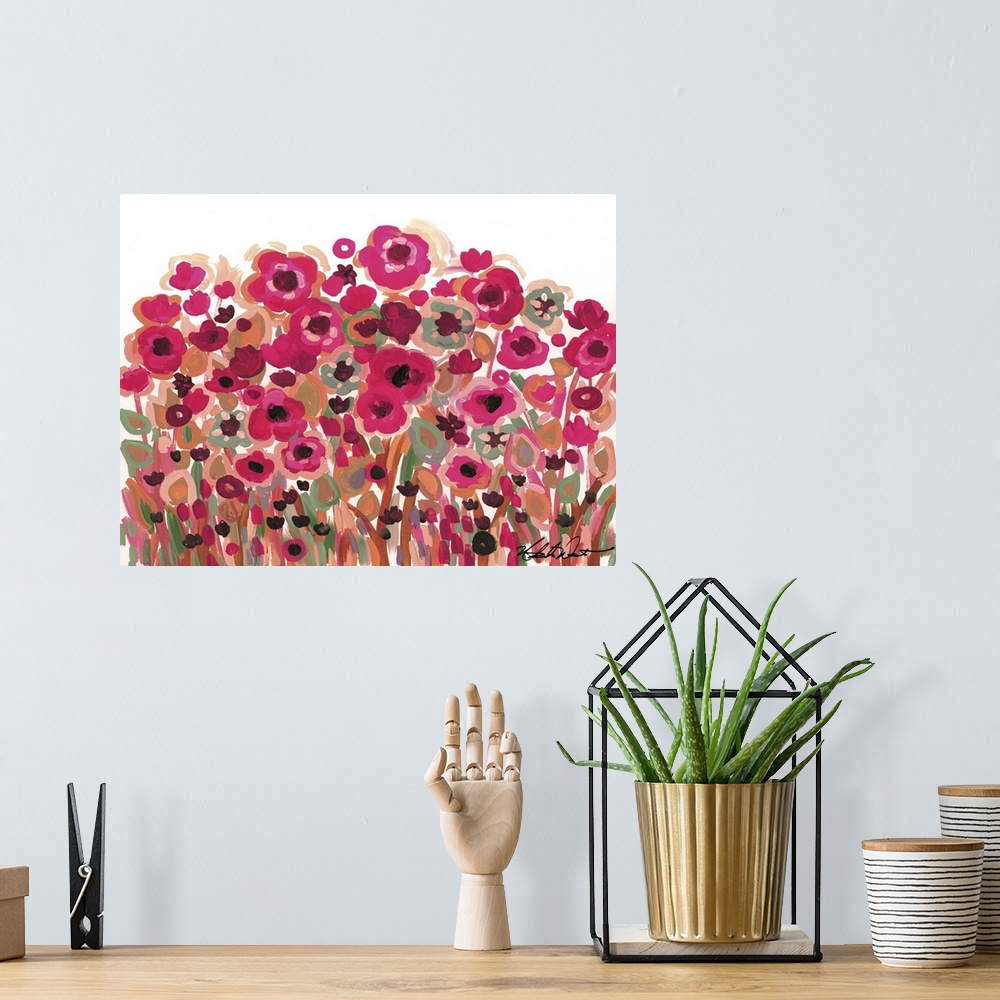 A bohemian room featuring Contemporary painting of a garden of bright pink flowers.