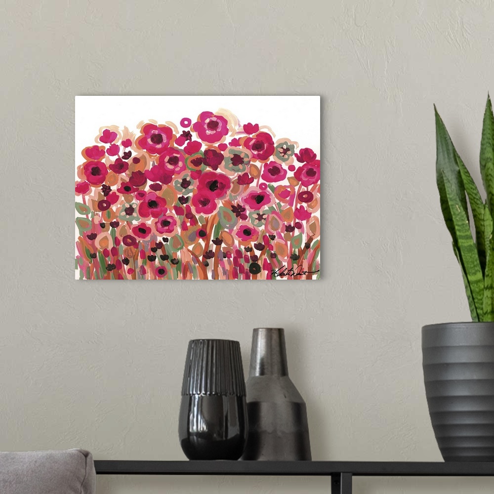 A modern room featuring Contemporary painting of a garden of bright pink flowers.