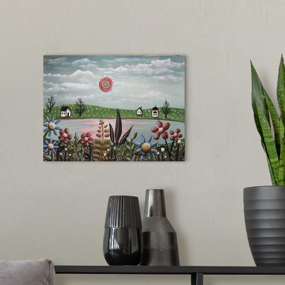 A modern room featuring Contemporary folk-art style painting.